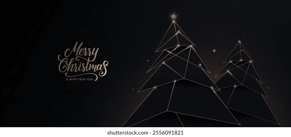 Stylish Christmas background featuring abstract geometric golden trees on a dark theme with a festive message