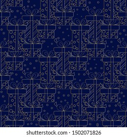 Stylish christmas background. Gold pattern on blue. Fashionable picture. Seamless pattern of boxes with gifts and stars. Wrap or bag for holiday surprises.