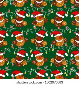 Stylish christmas background. Seamless pattern. Funny birds, lanterns and caps of Santa Claus. Wrap or bag for holiday gifts.