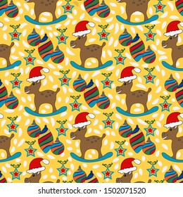 Stylish christmas background. Seamless pattern Funny deer, toys, balls and hats from Santa Claus. Wrap or bag for holiday gifts.