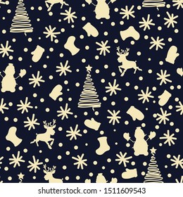 Stylish christmas background. Seamless pattern. Deers, Christmas trees and other symbols. Wrap or bag for holiday gifts.