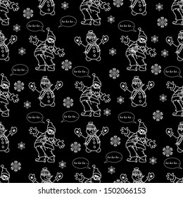 Stylish christmas background. White drawing on a black box. Fashionable picture. Seamless pattern. Santa Claus, snowman, snowflake. Wrap or bag for holiday gifts.