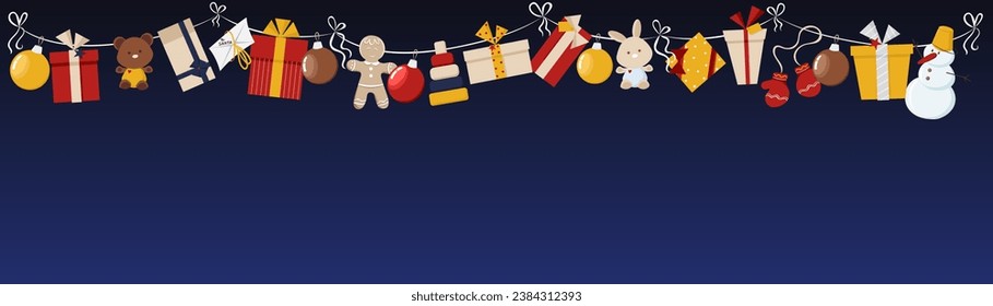Stylish Christmas banner with gift boxes, toys, snowman and glass balls on garland on dark blue background. Christmas and New Year vector illustration with copy space