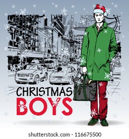 Stylish christmas boy on a street background. Vector illustration