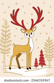 Stylish Christmas card with an elegant Christmas deer on a forest snowy glade with fir trees. New Year card in a minimalist style. Red and gold colors and a milky beige background. Christmas postcard.