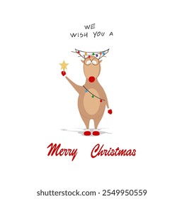 Stylish Christmas card, funny deer with garlands on its horns. I wish you a merry Christmas.