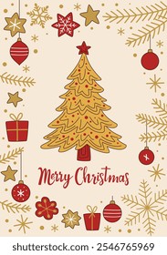 Stylish Christmas card with a golden Christmas tree surrounded by decorations, balls, snowflakes, fir branches and stars. New Year card in minimalist style. Red and gold colors. Christmas postcard.