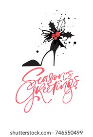 Stylish Christmas card or poster design with hand drawn fashion shoe illustration and calligraphy, isolated on background. Holiday season, New year concept for banner, flyer, invitation.