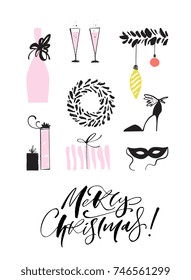 Stylish Christmas card or poster design with hand drawn illustrations of decor, bottle, mask and calligraphy, isolated on background. Holiday season, New year concept for banner, flyer, invitation.