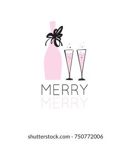 Stylish Christmas card or poster design with hand drawn illustration of champagne bottle and calligraphy Xo Xo, isolated on background. Holiday season, New year concept for banner, flyer, invitation.