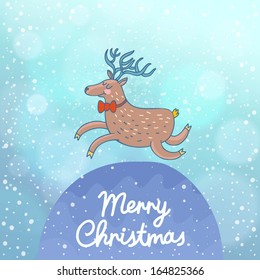 Stylish Christmas card in vector. Cute cartoon deer on holiday wallpaper with bokeh effect in blue colors