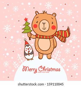 Stylish Christmas card in vector. Funny bear with penguin in cartoon style.