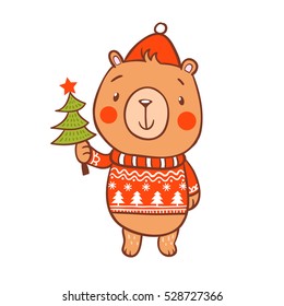 Stylish Christmas card in vector. Funny bear in sweater isolated.  Cartoon style.