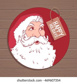 Stylish Christmas greeting card with Santa Claus on wood background