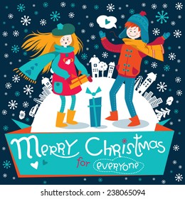 Stylish Christmas and New Year greeting card in vector. Happy smiling teen girl and boy jumping and dancing with gifts against the background of snowy city, trees and cars.
