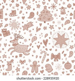 Stylish Christmas and New Year holiday seamless pattern in vector. Funny holiday elements: stars, trees, hearts, bell, cookie, candies, deer, gifts and others