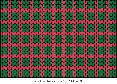 Stylish Christmas and New Year Knitting with Vector Illustration. Knitting Background with Scandinavian Ornaments. White, Red, Green. Flat Style.