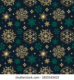 Un elegante fondo navideño impecable con patrones de diferentes copos de nieve dorados y verdes sobre negro