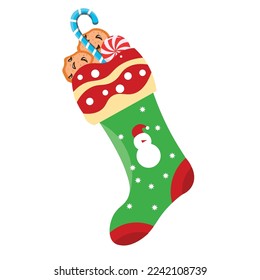 Stylish Christmas sock with treats on white background
