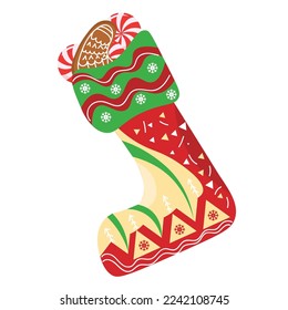 Stylish Christmas sock with treats on white background