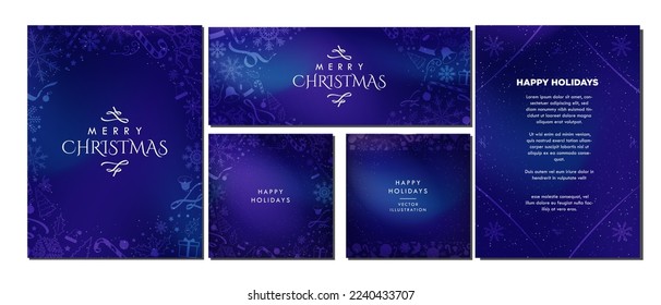 Stylish Christmas theme Backgrounds in blue gradient background and decorated with soft white Christmas elements. Beautiful minimalist Winter templates. Card, banners, posters. Vector Illustration.