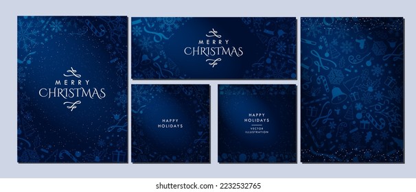 Stylish Christmas theme Backgrounds in gradient midnight blue   yellow  decorated and Blue Christmas elements  Beautiful minimalist Winter templates  Card  banners  posters  Vector Illustration  