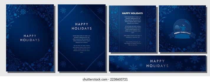 Stylish Christmas theme Backgrounds in gradient midnight blue and white, decorated with Blue Christmas elements. Beautiful minimalist Winter templates. Card, banners, a4 posters. Vector Illustration.