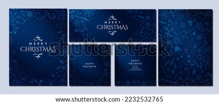 Stylish Christmas theme Backgrounds in gradient midnight blue and yellow, decorated with Blue Christmas elements. Beautiful minimalist Winter templates. Card, banners, posters. Vector Illustration. 