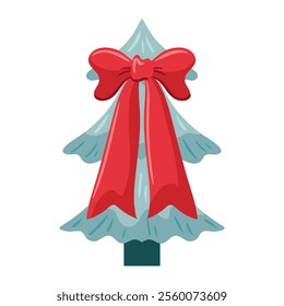 A stylish Christmas tree adorned with a large red bow, flat-style vector illustration captures the essence of the holiday season. Perfect for festive designs, it brings warmth and cheer to any project