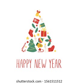 Stylish Christmas tree with different New year objects