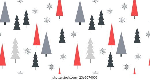 Stylish Christmas tree minimalistic seamless pattern. Scandinavian winter. Forest. Snowflakes. Endless background, wrapping paper, banner, backdrop.