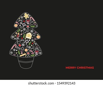 Stylish Christmas tree on black background with place for text. Mulled wine, spices and christmas elements. Noel. Suitable for greeting card, poster, banner, background, web page.