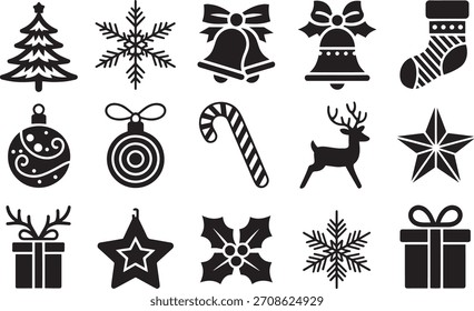 Stilvolle Weihnachts-Vektorgrafiken mit Schneeflocken, Glocken, Bäumen und Geschenken