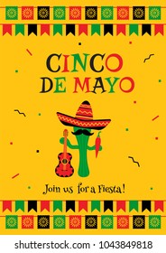 Stylish cinco de mayo fiesta invitation poster template. Festive yellow design with bunting flags. Funny cactus in sombrero with guitar and jalapeno for national mexican holiday on cinco de mayo.