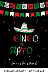 Stylish cinco de mayo fiesta invitation poster template. National colors vector illustration with native culture sombrero symbol and bunting flags for traditional Mexican celebration on cinco de mayo.