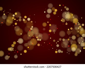 Stylish circle bokeh lights wallpaper design. Luxury gold glitter confetti, yellow golden shiny explosion. Blurred bokeh lights flare effect circle particles flying banner pattern