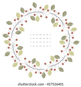 Stylish circle frame with red flowers and green leaves isolated on white background can be used for greeting card, baby shower, invitation, cover and more designs.