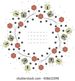 Stylish circle frame with red flowers and green butterflies isolated on white background can be used for greeting card, baby shower, invitation, cover and more designs.