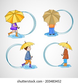 Elegantes marcos de círculo con niños lindos sosteniendo paraguas y espacio negro para tu texto. 