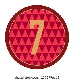 Stylish circular artwork with a bold gold number 7, framed by a dark red border and set against a geometric red triangle background, suitable for modern decorative designs.