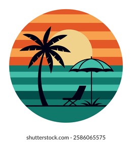 A stylish circular vector illustration of a tropical beach at sunset, featuring a palm tree, lounge chair, and umbrella against a retro-striped background.