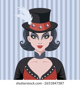 Artista de circo elegante em um chapéu com uma pena. Garota palhaço. Retrato em estilo circense. Ilustração.