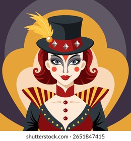 Artista de circo elegante em um chapéu com uma pena. Garota palhaço. Retrato em estilo circense. Ilustração.