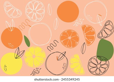 Stylish citrus oranges fruits pattern. Vector fruit seamless pattern in flat style. Blooming orange branch pattern design. Fruit illustration for fabric or wallpaper design.