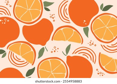 Stylish citrus oranges fruits pattern. Vector fruit seamless pattern in flat style. Blooming orange branch pattern design. Fruit illustration for fabric or wallpaper design.