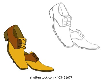 Stylish classical pair of dark yellow and brown men's derby shoes with laces without background. Vector line illustration