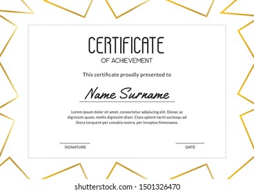 Stylish and clean certificate template with golden gradient triangles on the white background and sample text. Usable for courses, contests. tests. Scaled A4 vector illustration