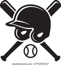 A stylish and clean vector illustration featuring a baseball cap with two crossed baseball bats and a baseball. The design is bold, black, and white, ideal for sports-related projects, branding, or digital media. The simple and modern aesthetic makes it versatile for various uses such as logos, icons, or decorative elements.