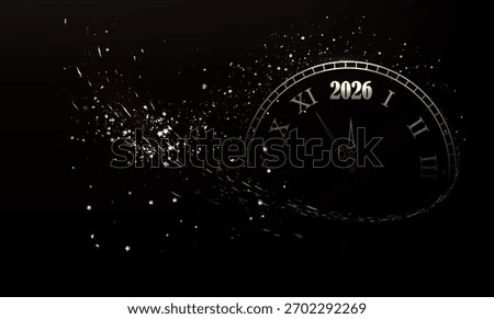 A stylish clock face displaying "2026" in Roman numerals, surrounded by swirling golden sparkles on a black background, capturing the excitement of a New Year's Eve countdown to the future.