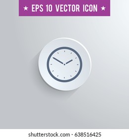Stylish clock icon. Blue colored symbol on a white circle with shadow on a gray background. EPS10 with transparency.